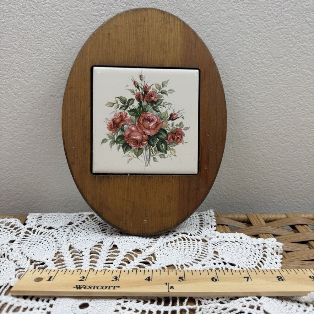 Oval Wood Plaque w/ Ceramic Rose Floral Tile Wall Hanging, Vertical 9x7in